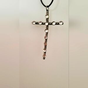 ✝️ Unique Rhinestone Cross Necklace with Black Cord Tie – Edgy & Sparkling